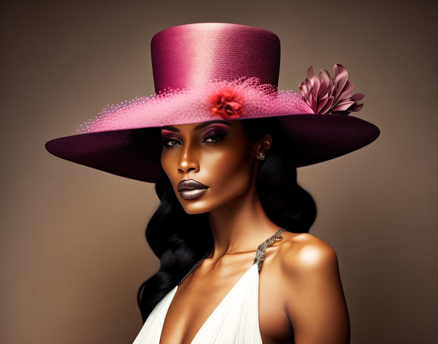 Dark Makeup Woman in Purple Flowered Hat on Beige Background