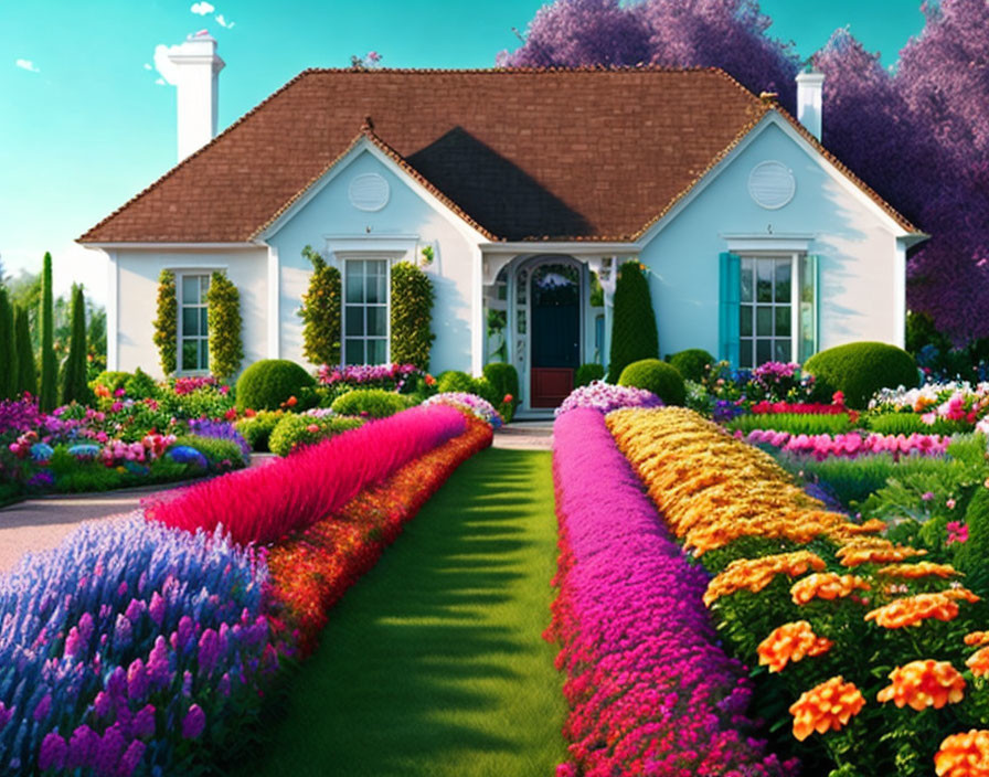 Charming Cottage with Flower-Lined Pathway and Vibrant Garden