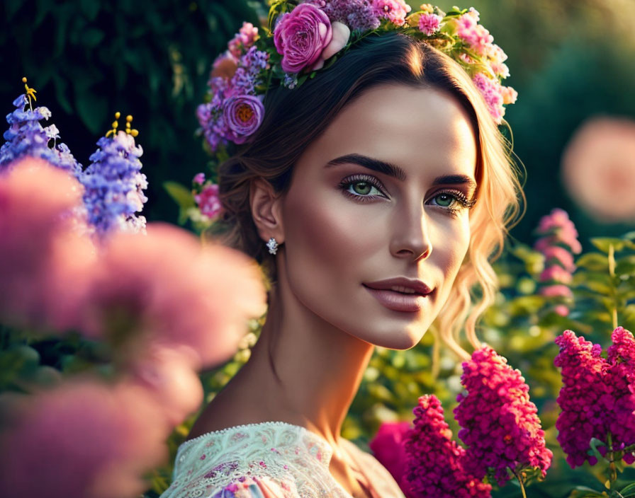 Floral crown woman posing among colorful flowers with soft makeup