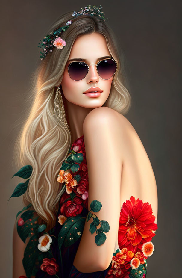 Blonde woman in floral dress with flower crown & sunglasses