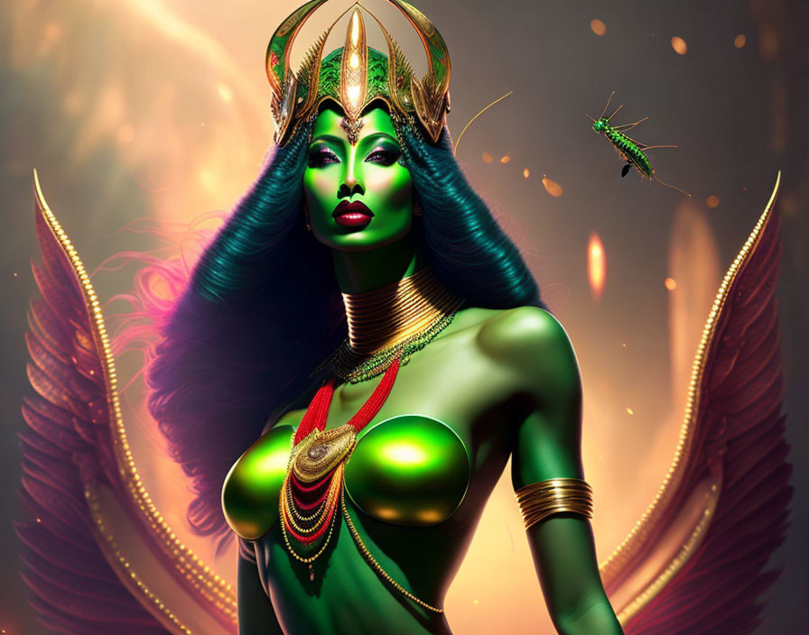 Stylized female figure with green skin and golden crown on warm glowing background