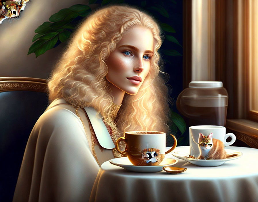 Curly blonde woman with blue eyes sitting by window with cat cup and sunlight.