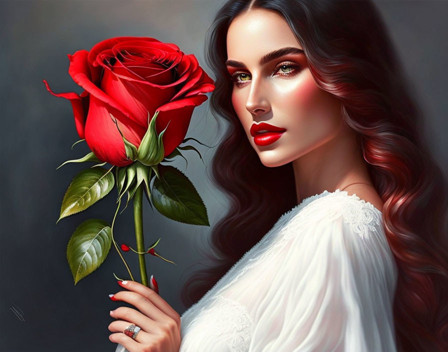 Digital art portrait of woman with red lips and rose on grey background