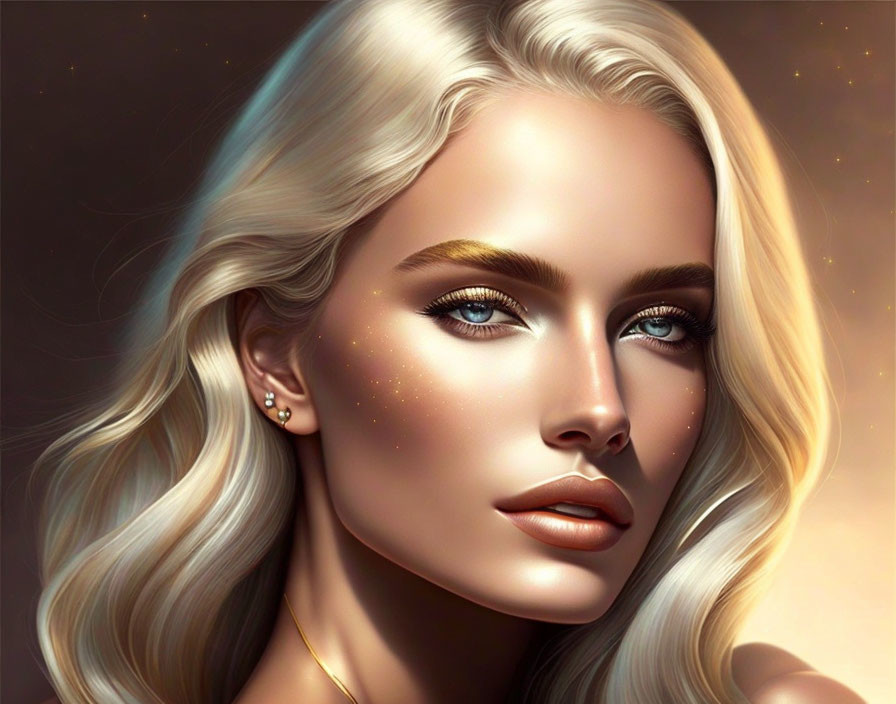 Illustrated portrait of woman with blue eyes, blonde hair, and freckles on warm, glowing