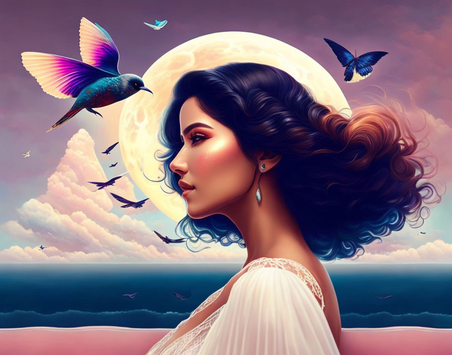 Surreal portrait of a woman with moon, hummingbirds, and ocean