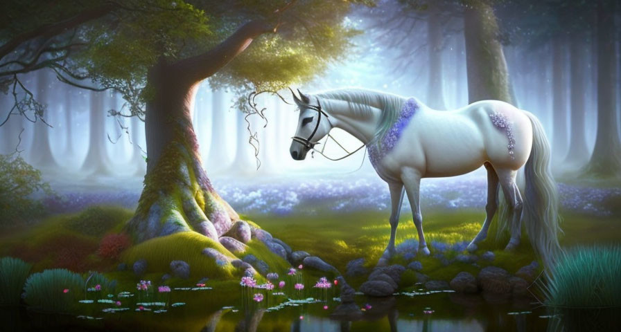 Majestic white horse with purple floral markings in enchanting forest