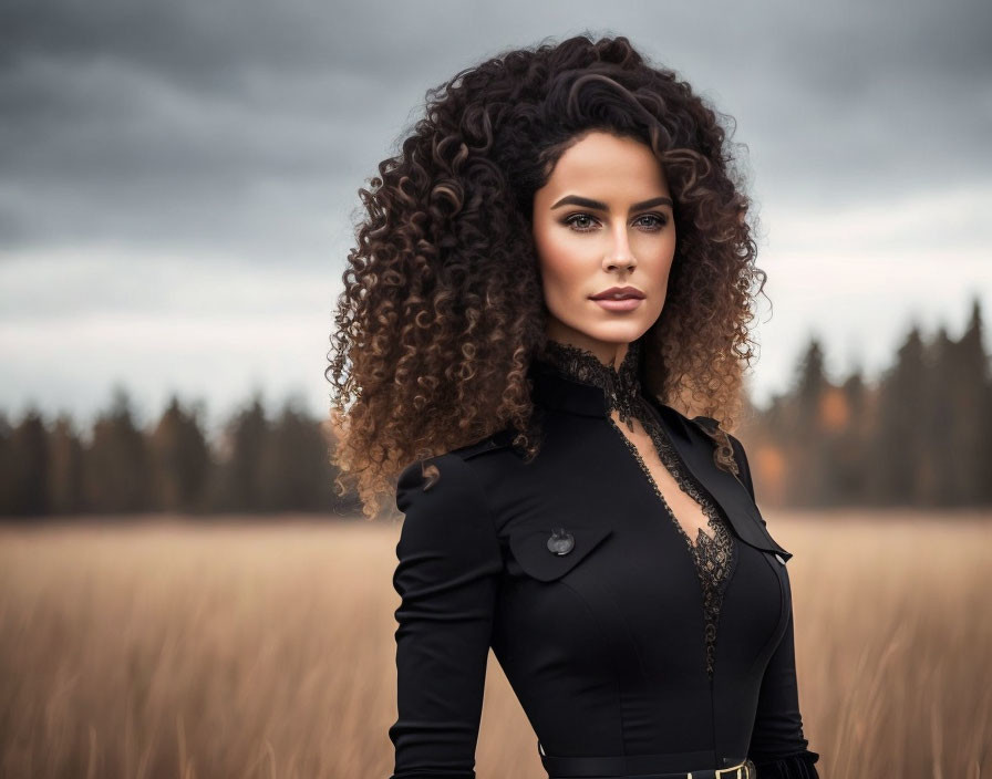 Curly-haired woman in black outfit in field with trees and cloudy sky