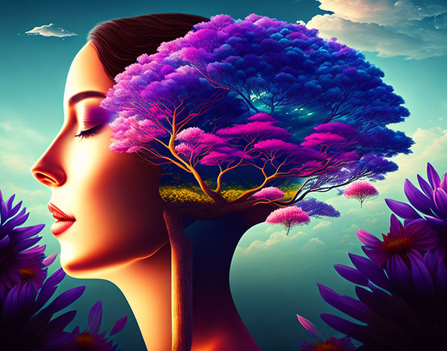 Colorful illustration: Woman's profile merges with purple tree under twilight sky