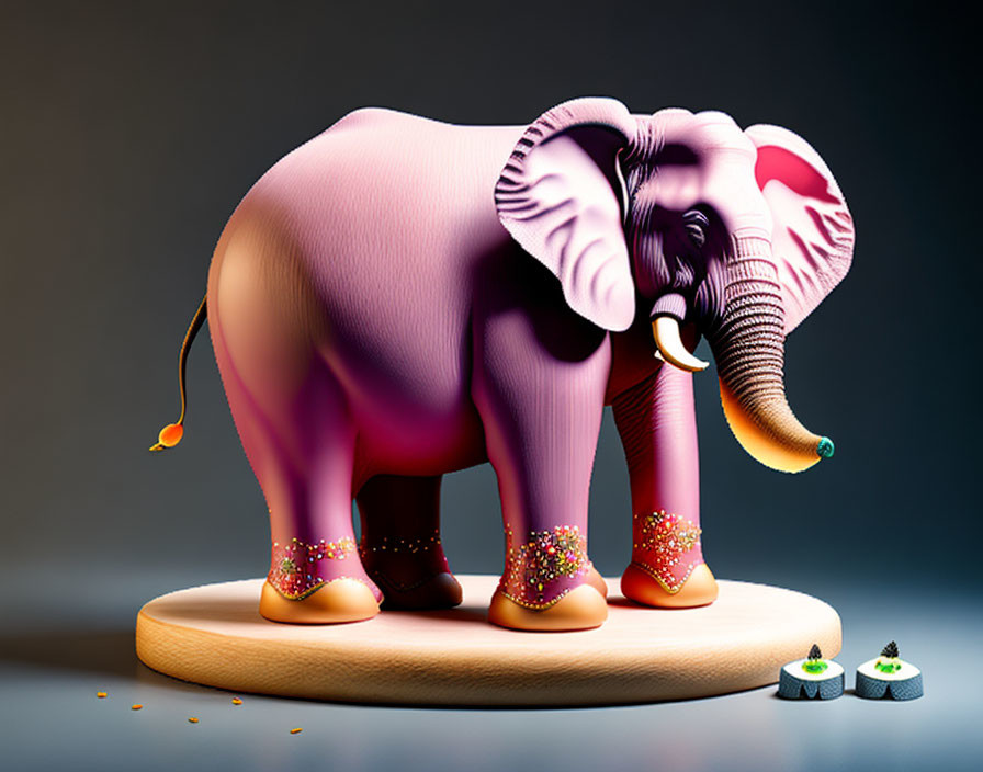 Colorful Stylized Elephant Illustration with Pink Hue and Sparkly Ankle Wear on Wooden Platform