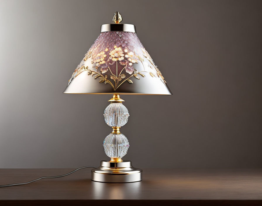 Floral Shade Table Lamp with Crystal-like Body on Wooden Surface