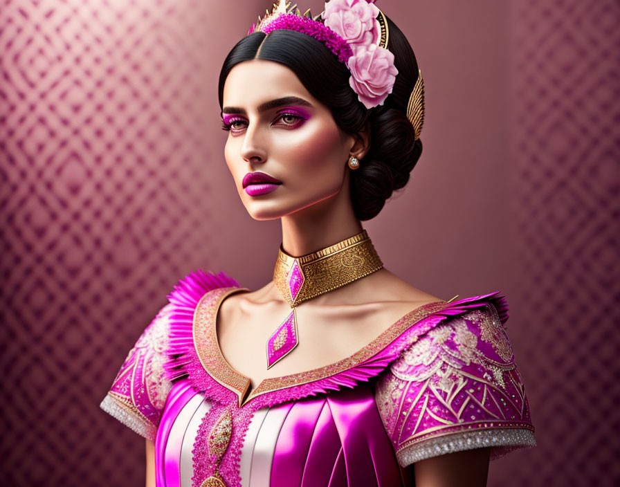 Regal woman in pink dress with gold details on patterned background