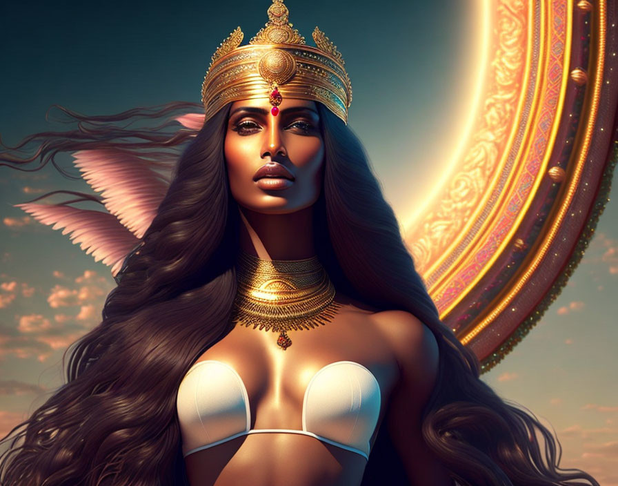 Elaborate gold headgear and celestial backdrop in artwork