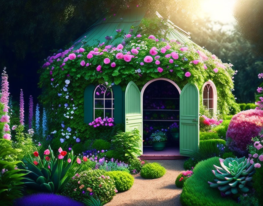 Green garden shed adorned with pink flowers in serene garden