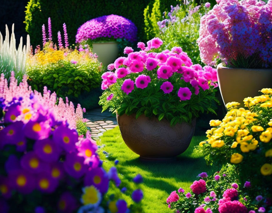 Colorful Blooming Garden with Trimmed Hedges and Sunlit Shadows