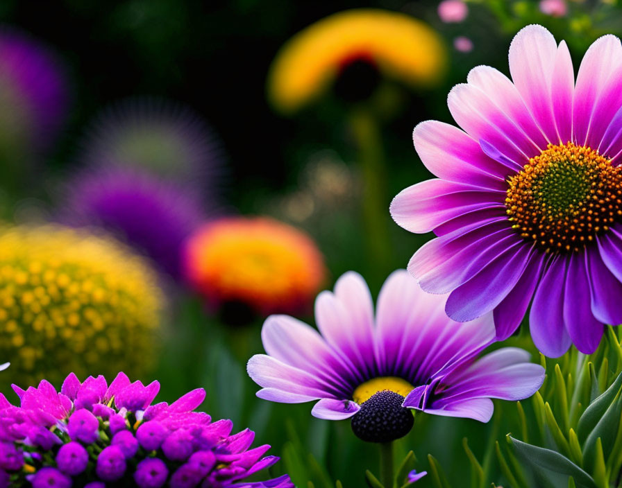 Colorful close-up of purple and yellow daisy-like flowers on lush green backdrop