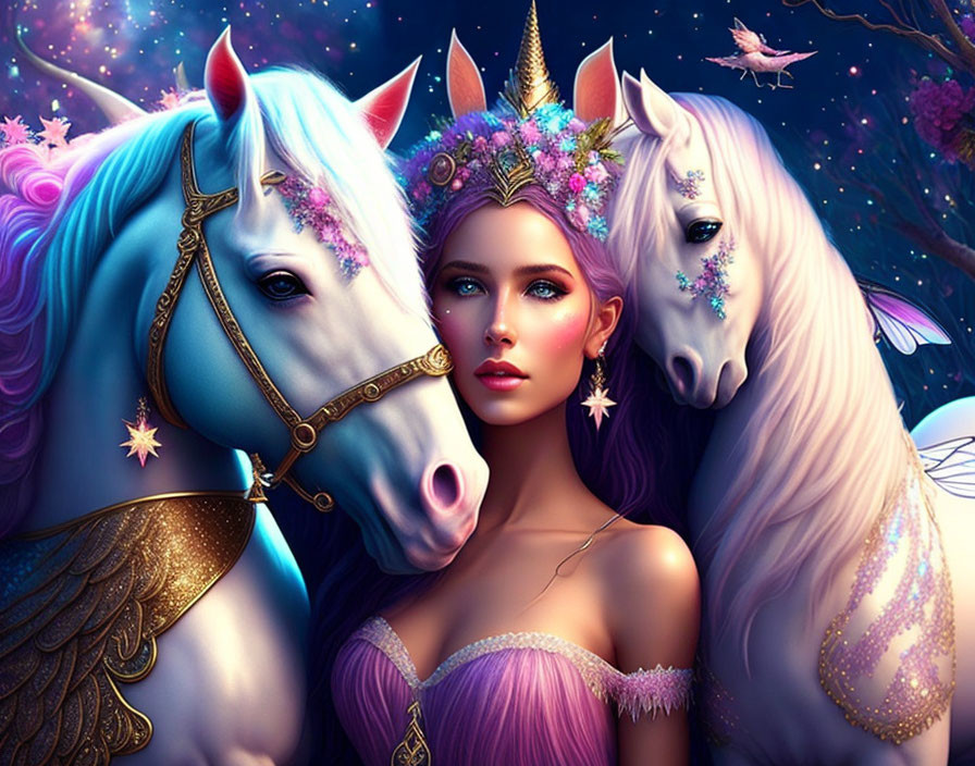 Woman with Tiara and Fantastical Horses Under Starry Sky