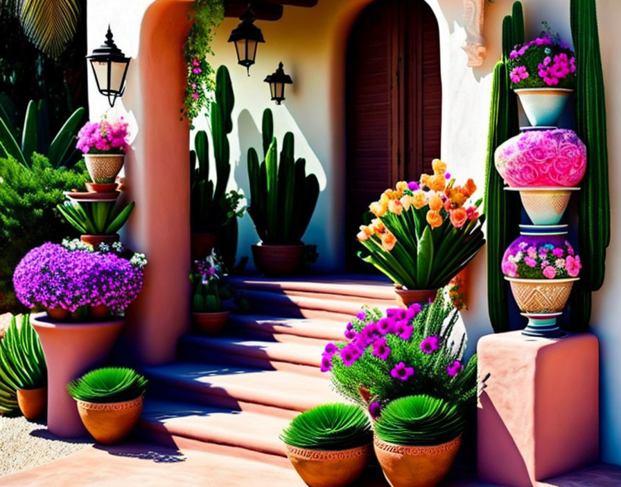 Colorful terracotta stairs with potted plants and cacti under sunny sky