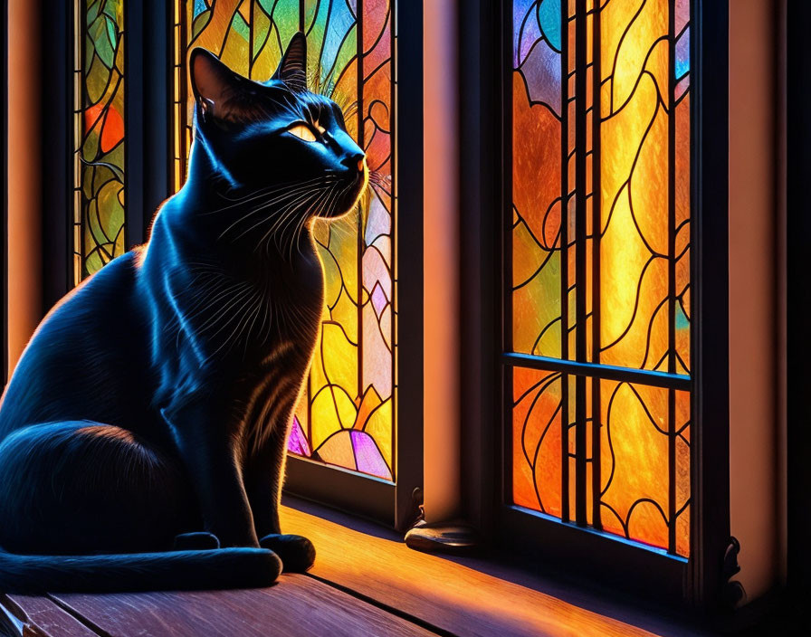 Black cat by vibrant stained glass window with colorful shadows