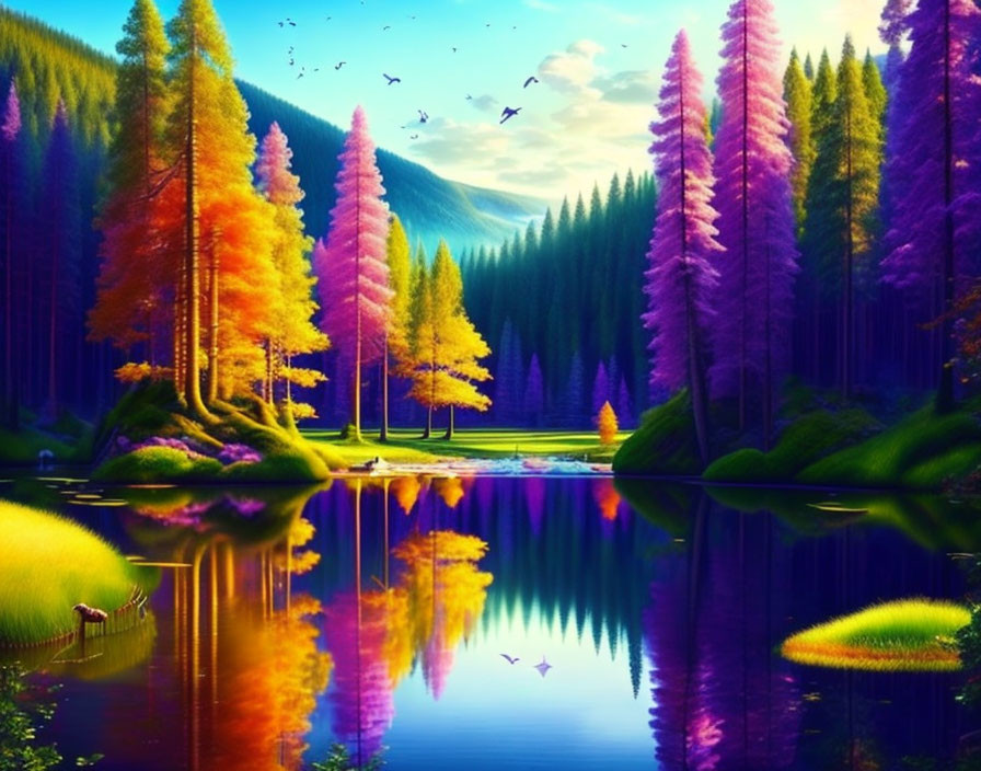 Colorful Trees Reflecting in Serene Lake Artwork