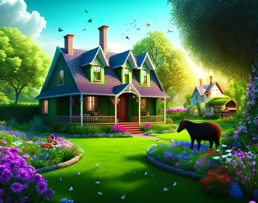 Colorful illustration: Green house, gardens, horse, wildlife under sunny sky