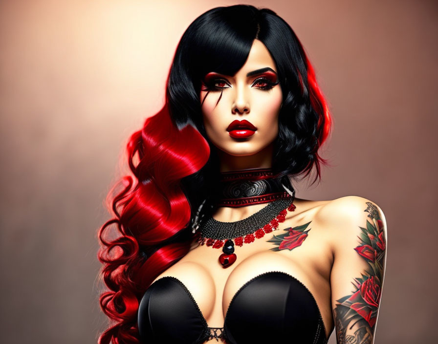 Stylized image of woman with red and black hair, tattoos, and dramatic makeup