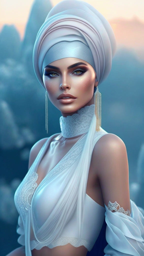 Illustration of woman in white turban and blouse with mountain backdrop