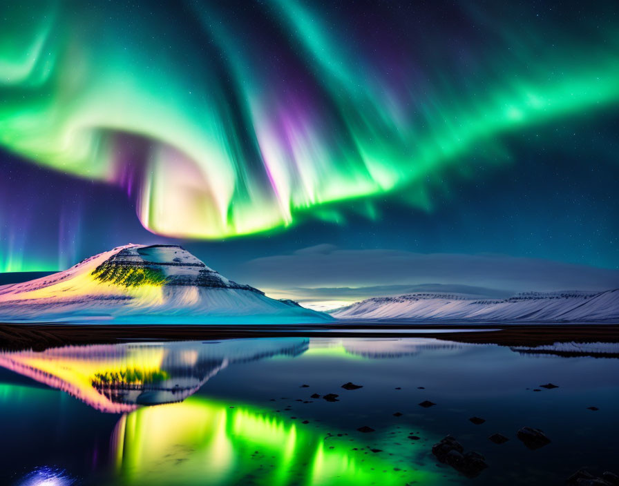 Majestic Aurora Borealis Above Snowy Mountain Lake