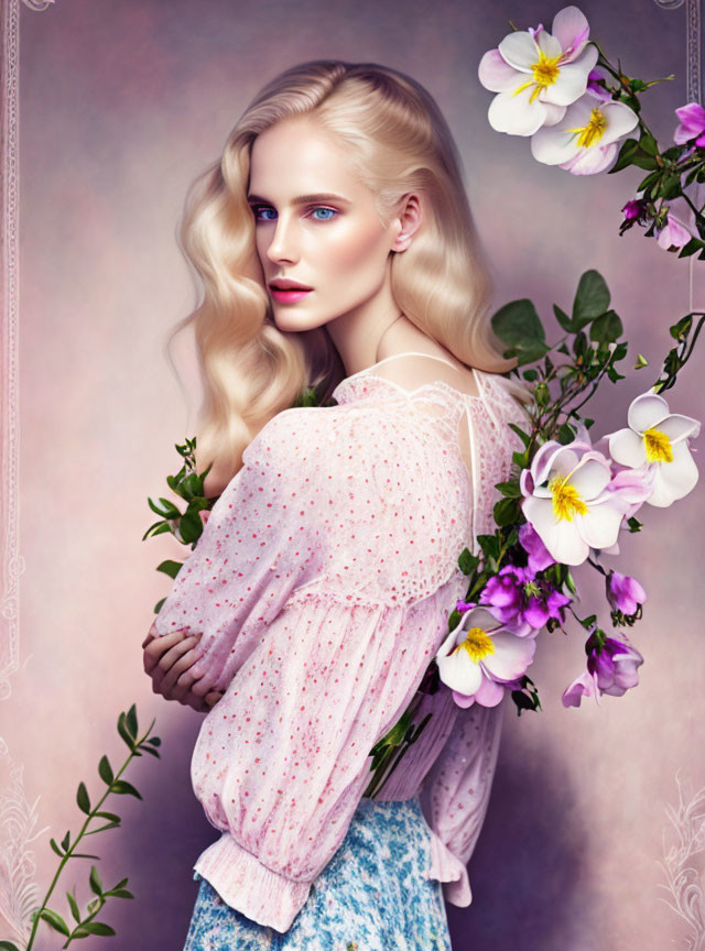 Blond woman in pink blouse among pastel flowers