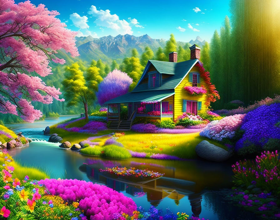 Colorful illustration of idyllic cottage in lush setting with stream and mountains