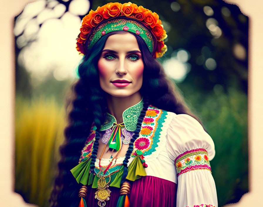 Traditional Folk Dress with Intricate Embroidery and Floral Headwear