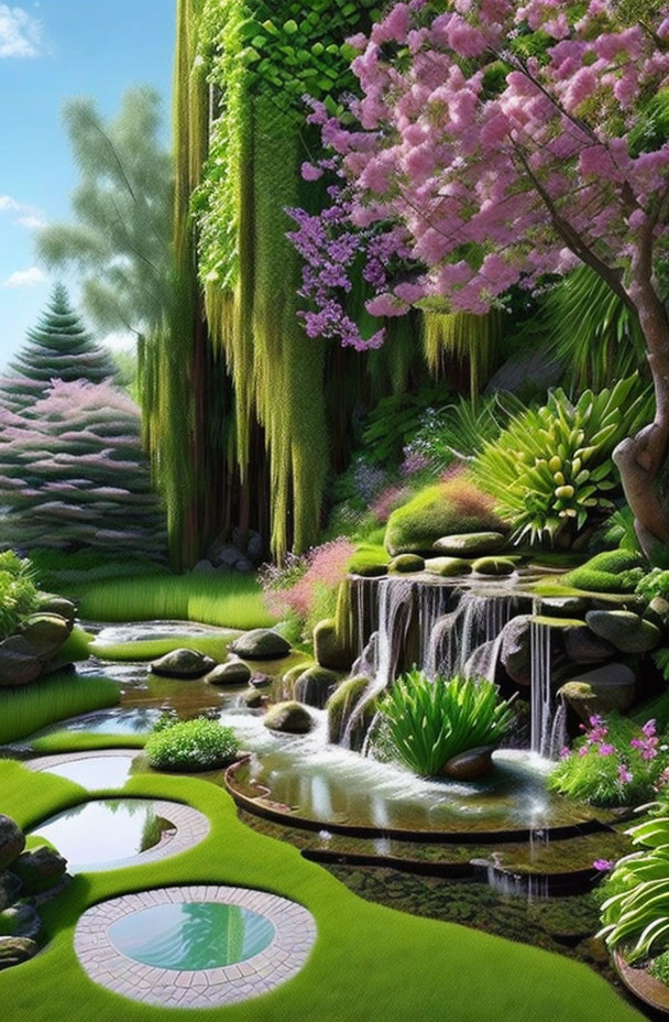 Tranquil garden with waterfall, stepping stones, pink trees, and pond