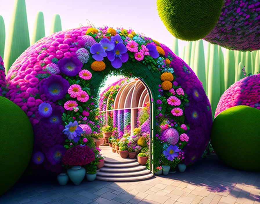 Colorful Archway with Lush Flowers and Topiary Gardens