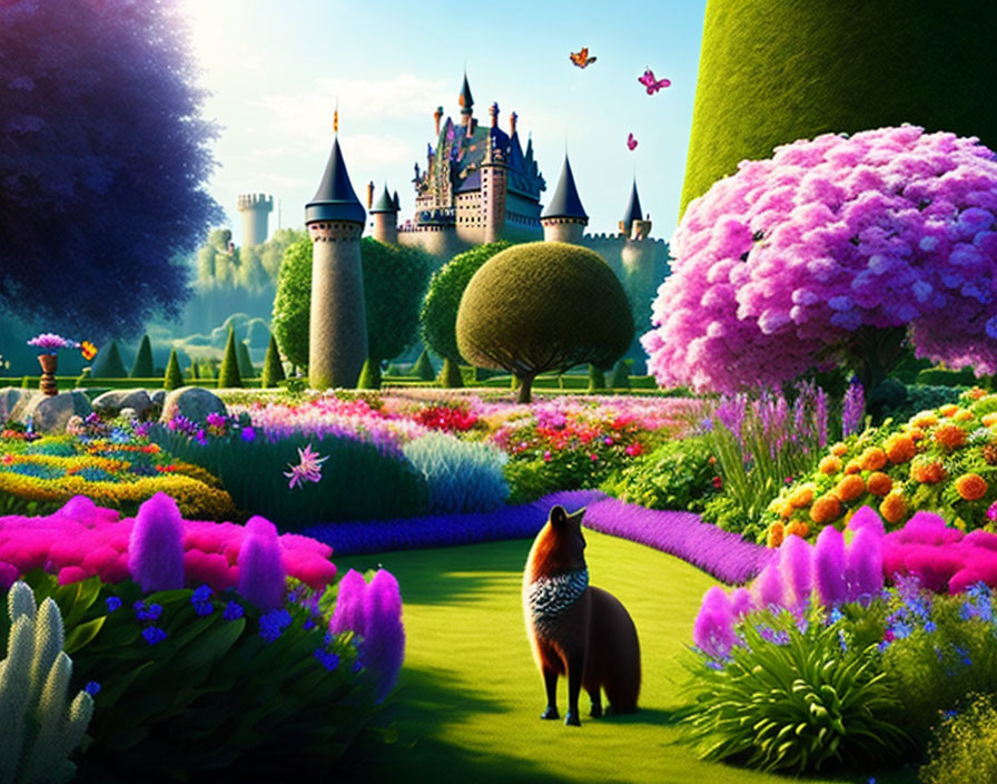 Fantasy garden with castle, lush flora, and fox on grassy path