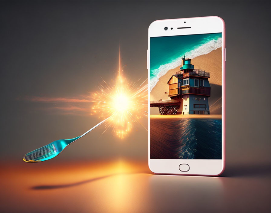 Smartphone displaying lighthouse, sparkler, and shuttlecock on gradient background