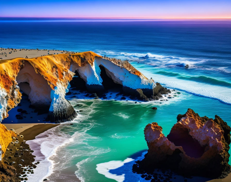 Rugged coastal cliffs, turquoise waters, golden sands, gradient sky