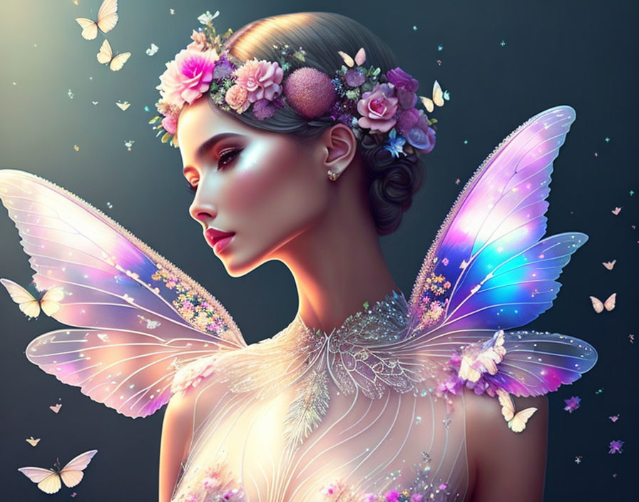 Digital artwork: Woman with butterfly wings and floral crown among butterfly swarm on dark background