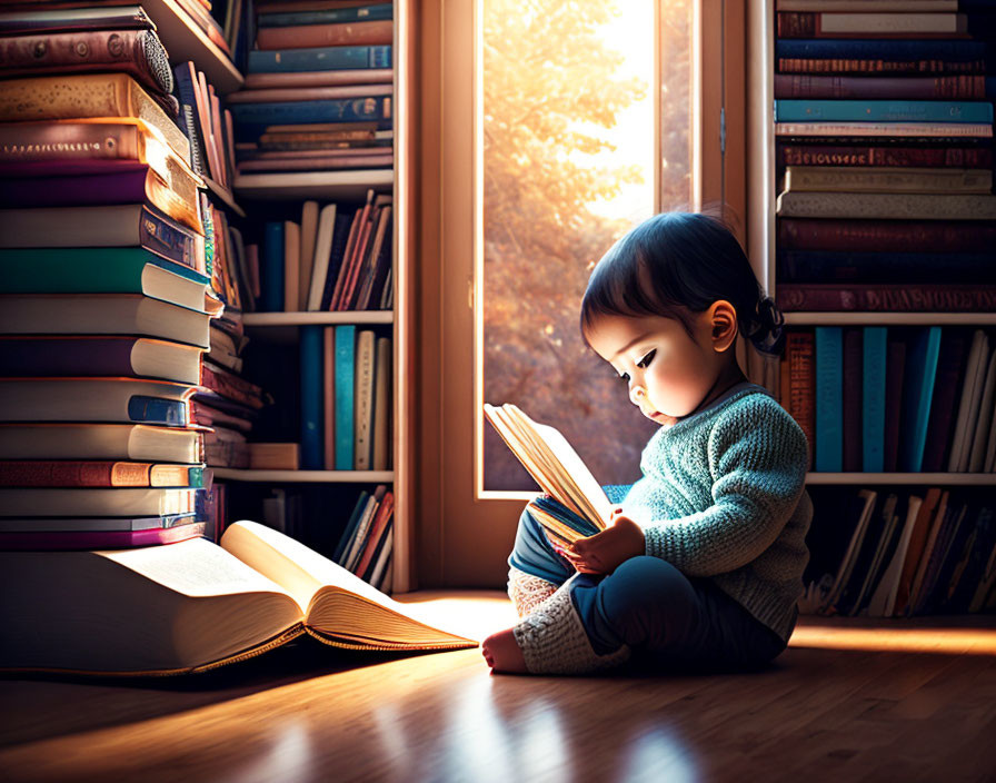 Toddler reading book surrounded by stacks of books on wooden floor