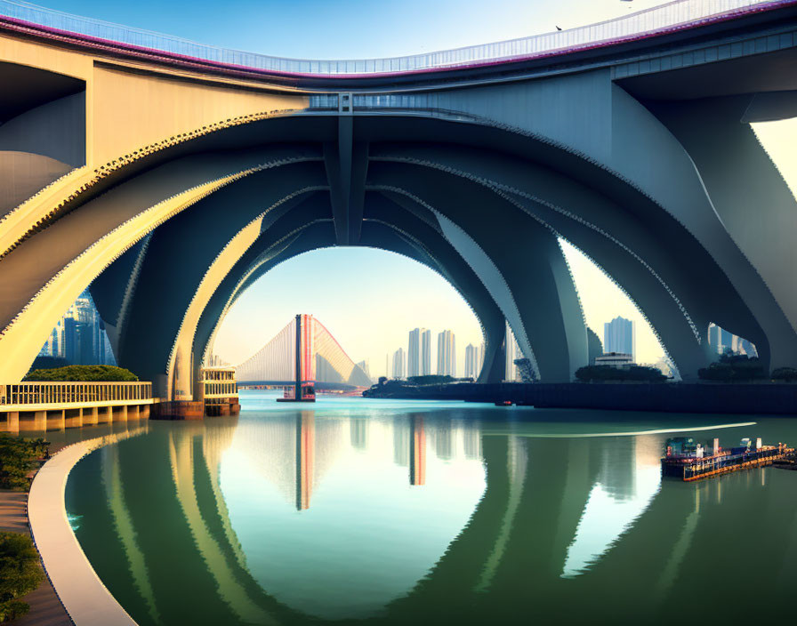 Tranquil river reflecting massive bridges in modern cityscape