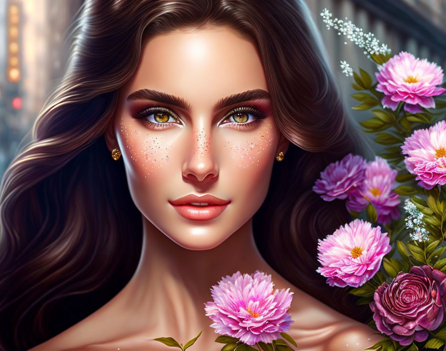 Woman with long brown hair and green eyes in digital art with pink flowers against urban backdrop