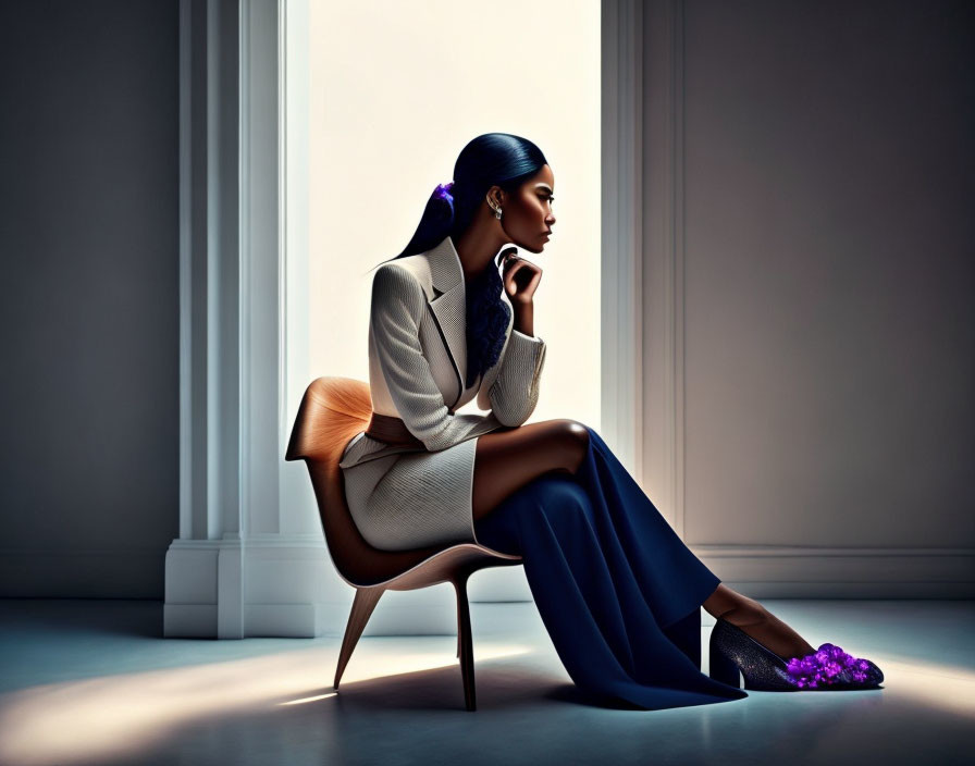 Stylish individual in suit and purple shoes sitting by window.