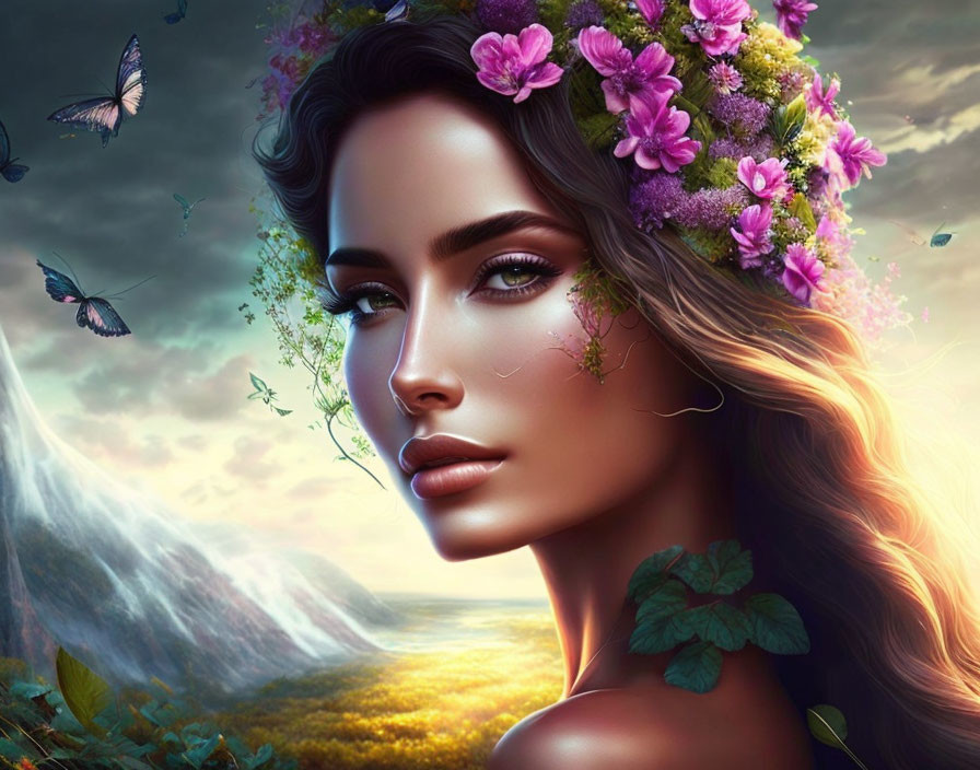 Digital art portrait of woman with floral crown, butterflies, mystical landscape.