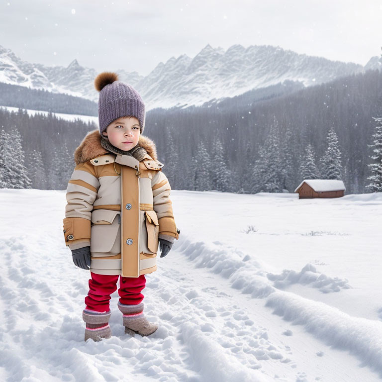 Child in Winter Scene with Snow, Forest, and Mountains