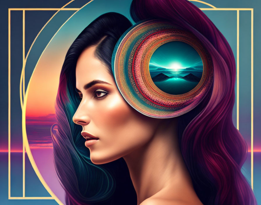 Vibrant digital portrait with surreal landscape reflection