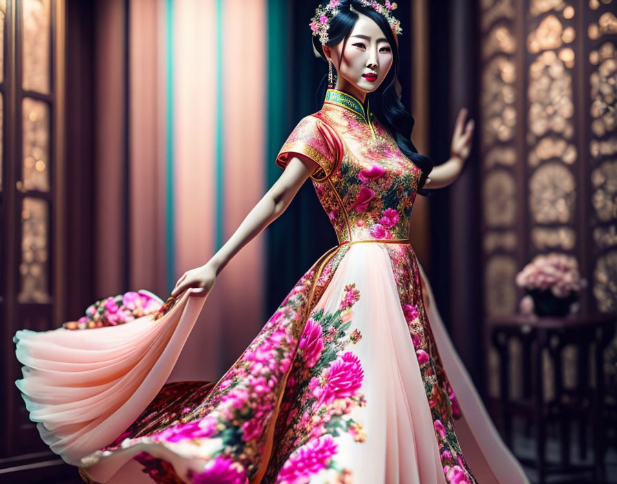 Traditional Chinese dress twirling in elegant room with floral patterns