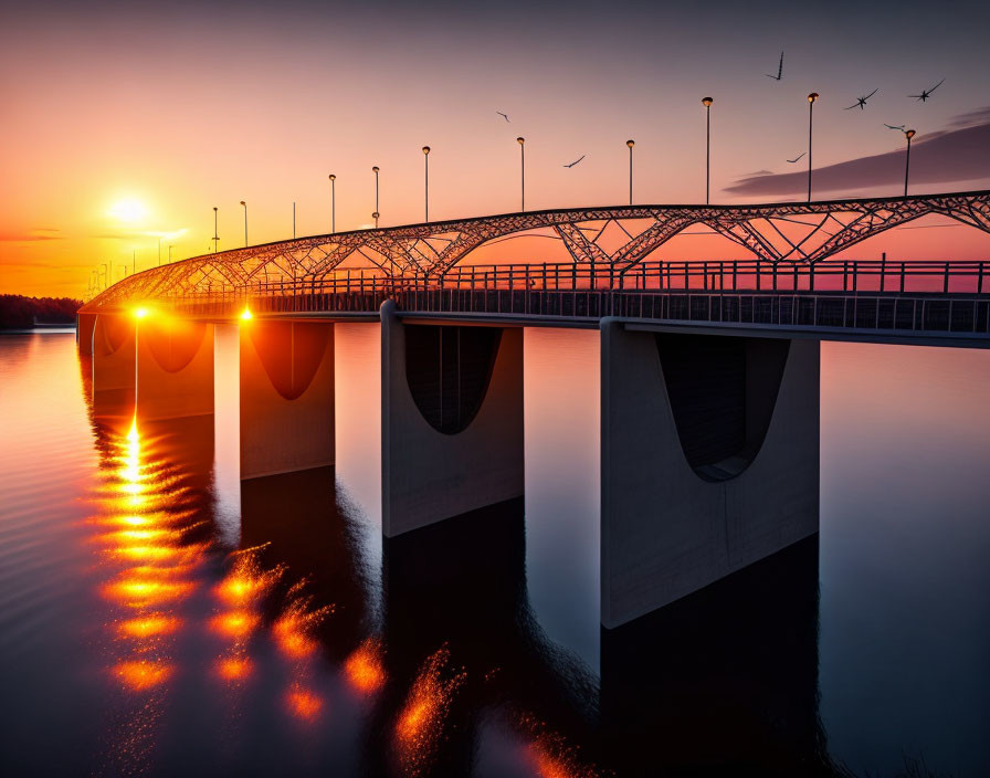 Sunset over calm water with bridge, birds, and reflections