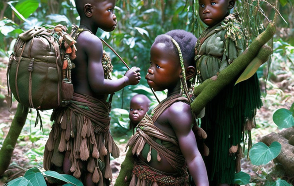 Children in forest with traditional clothing and backpacks carrying younger child