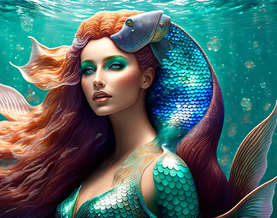 Vivid digital artwork: Mermaid with iridescent scales, red hair, emerald eyes,