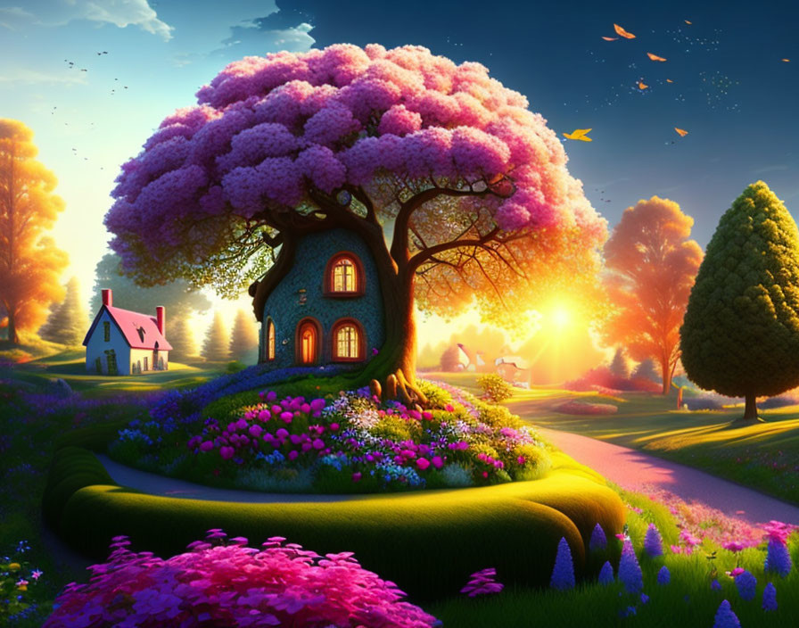 Colorful fantasy landscape with treehouse, cottage, and gardens at sunset