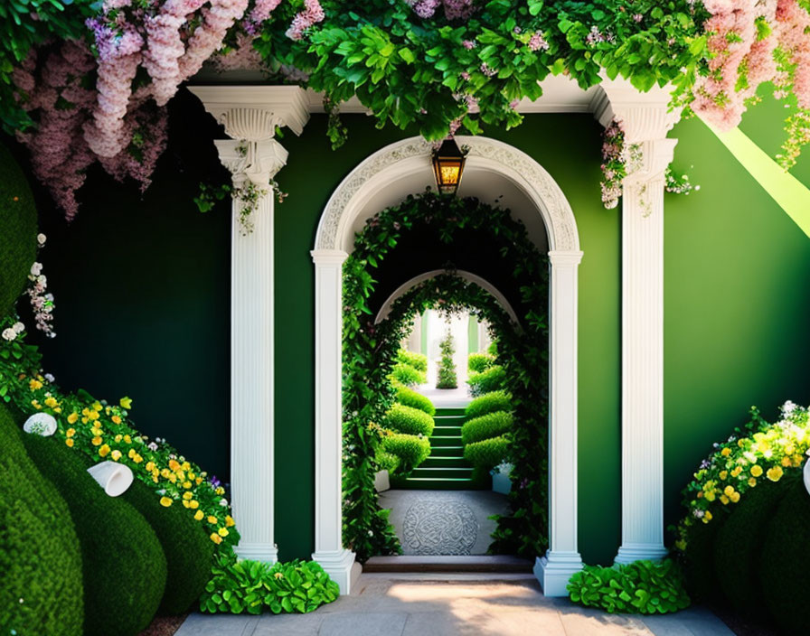 White column garden archway with green hedges and vibrant flowers