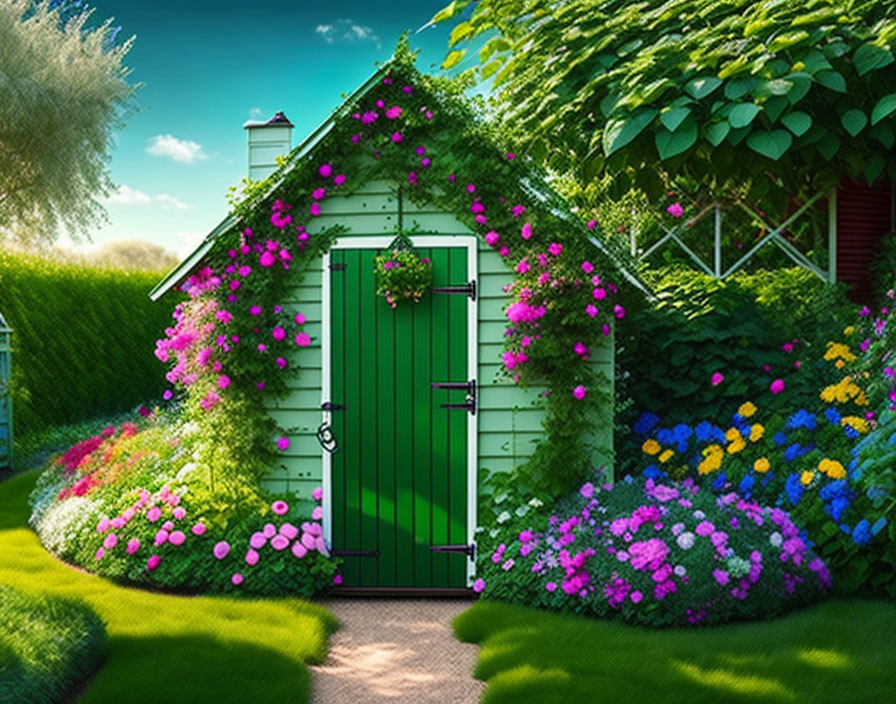 Green garden shed surrounded by vibrant flowers and lush greenery